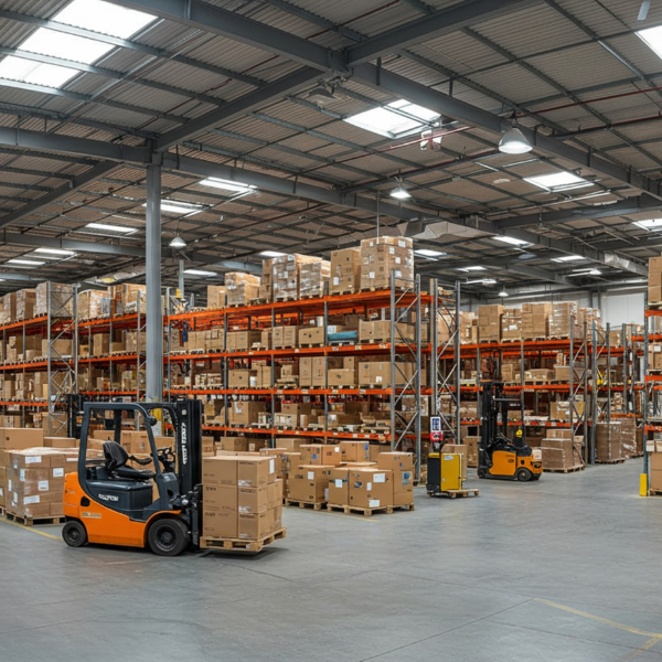 Industrial facility interior with steel framing and overhead cranes